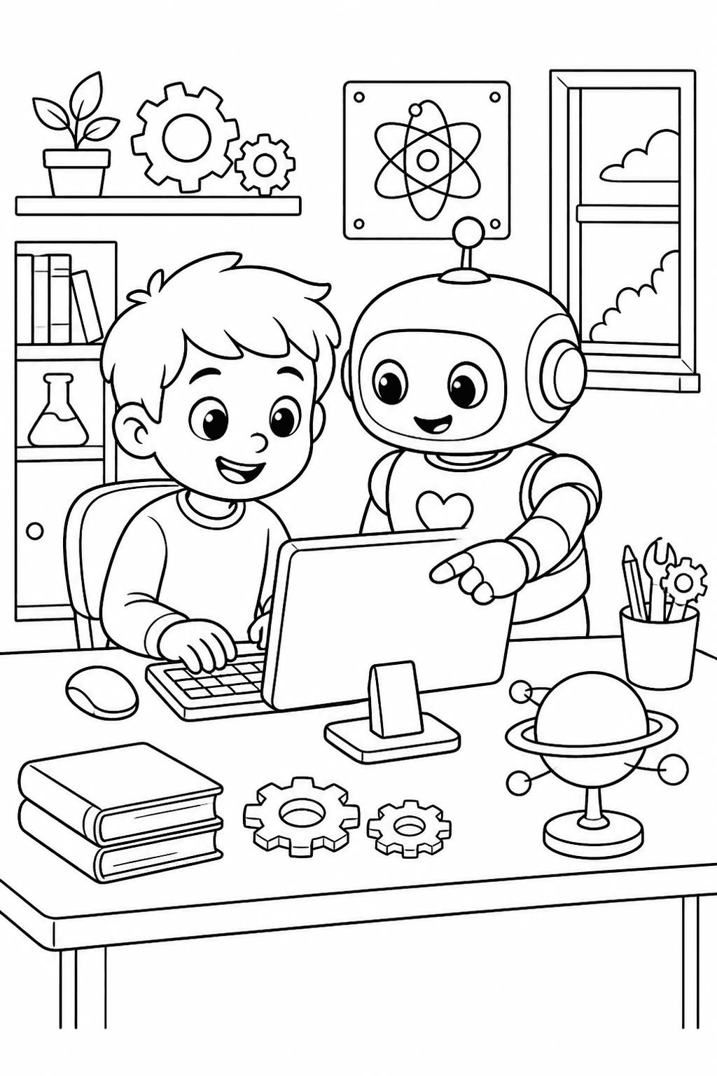Criança aprendendo no computador com robô para colorir