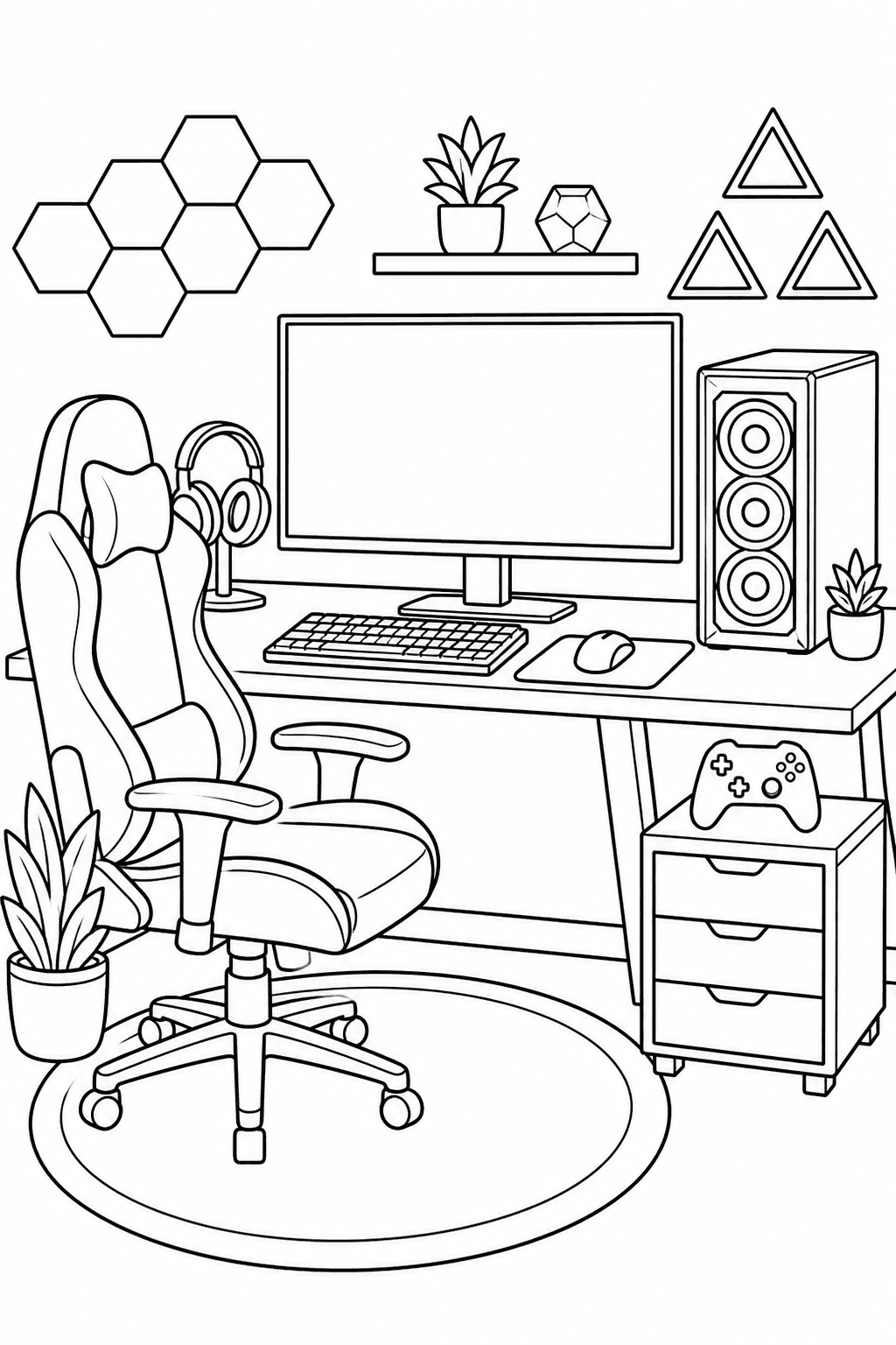 Computador gamer com cadeira e acessórios para colorir