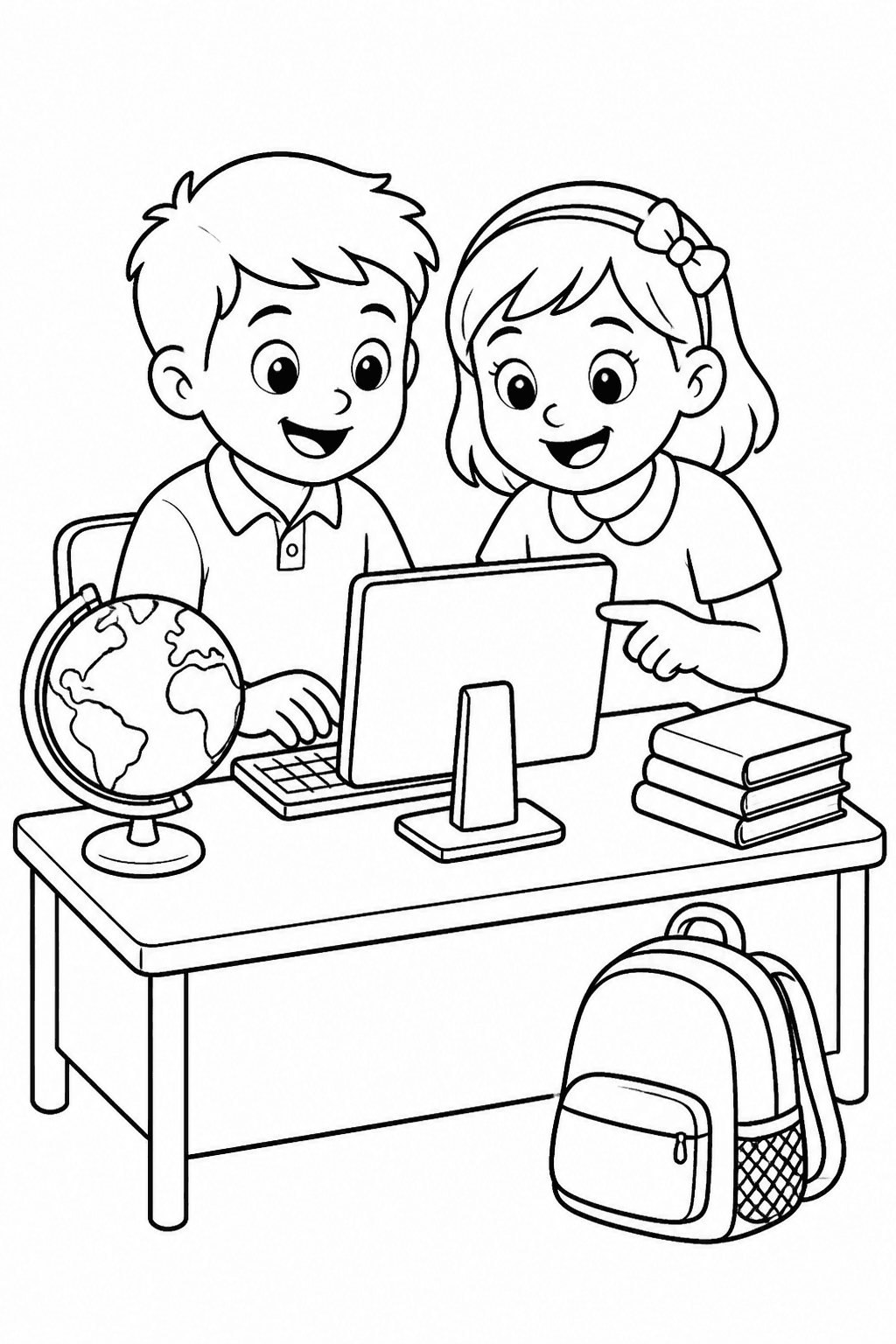 Crianças usando computador na escola para colorir