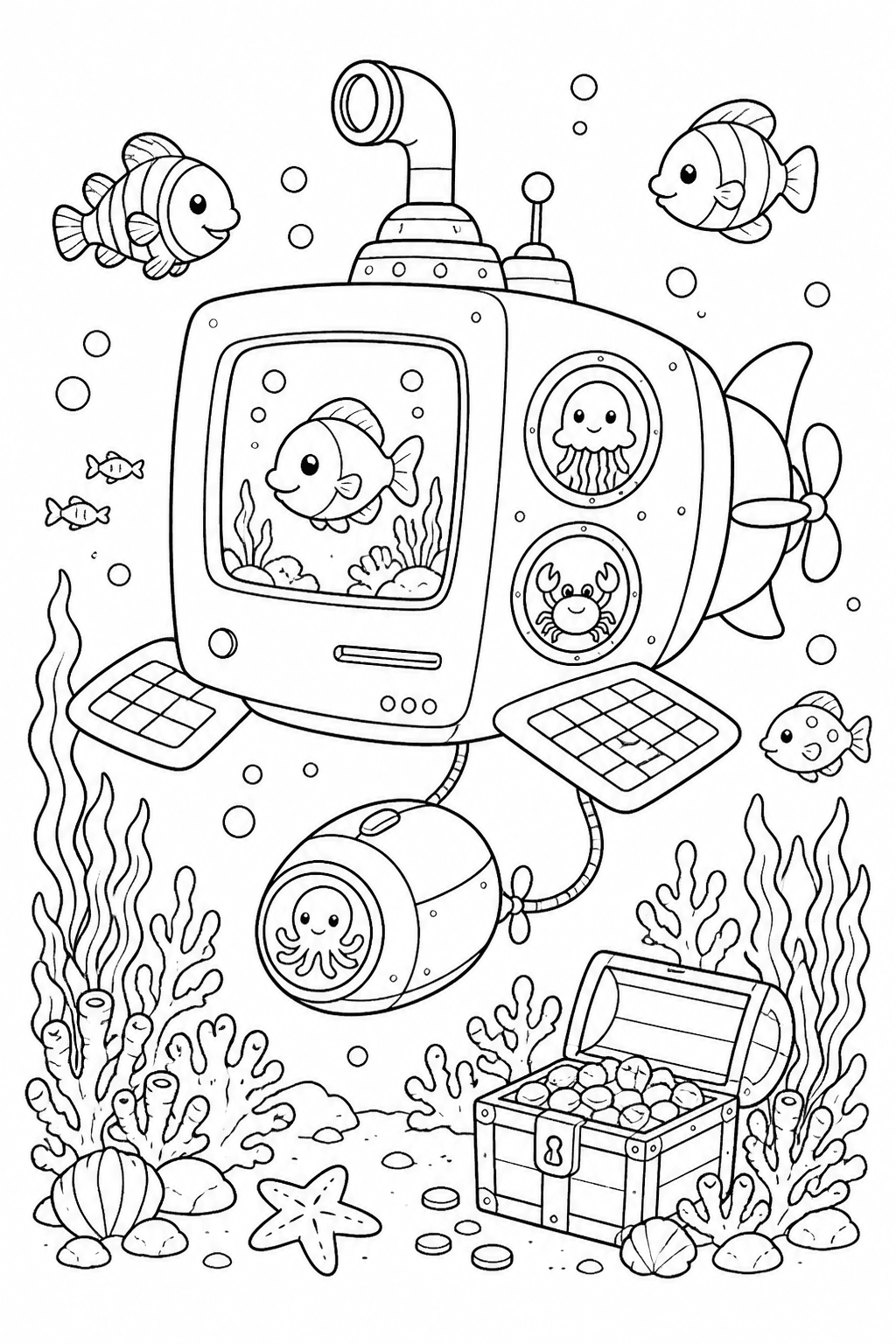 Submarino em forma de computador no fundo do mar para colorir