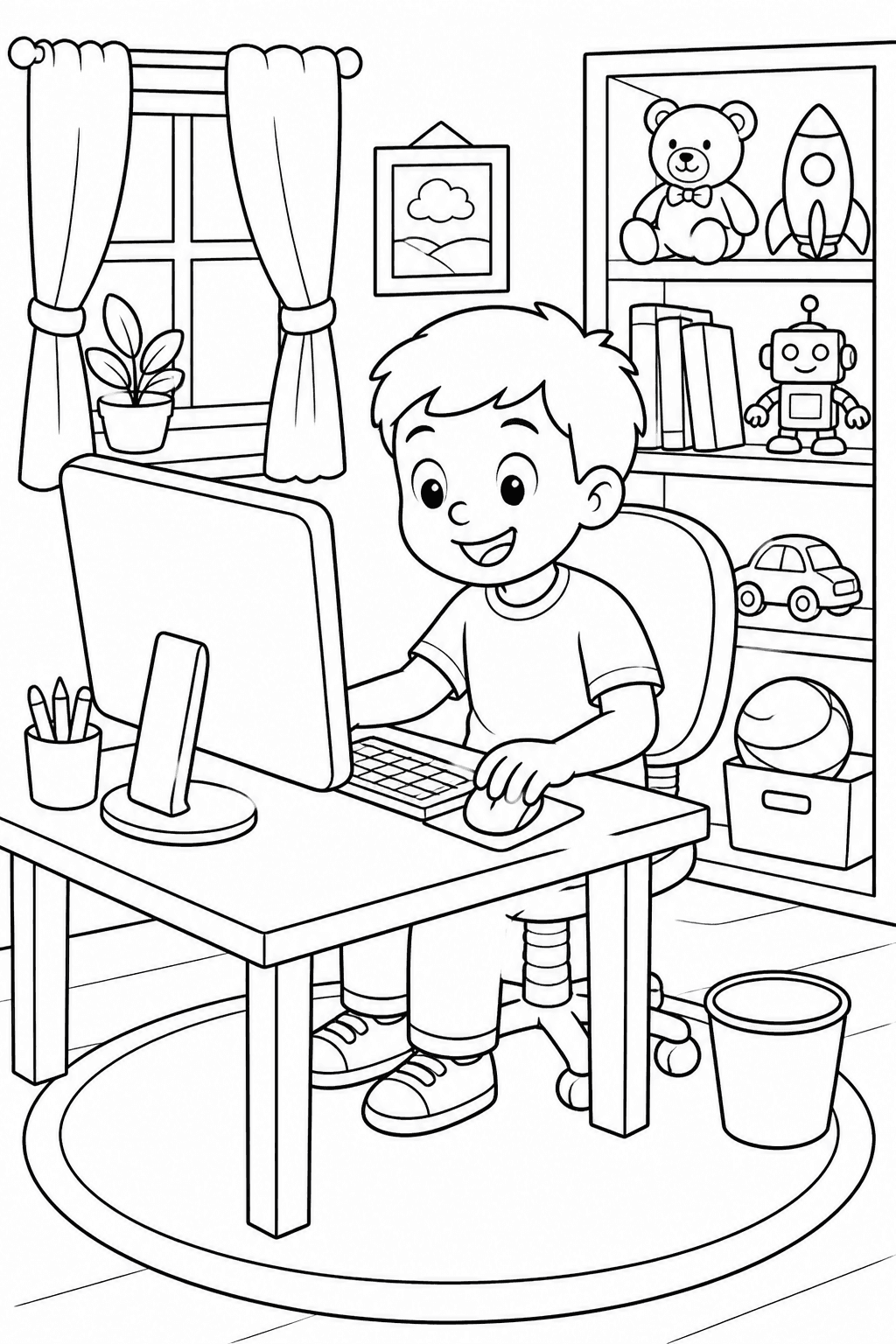 Criança usando computador em casa para colorir