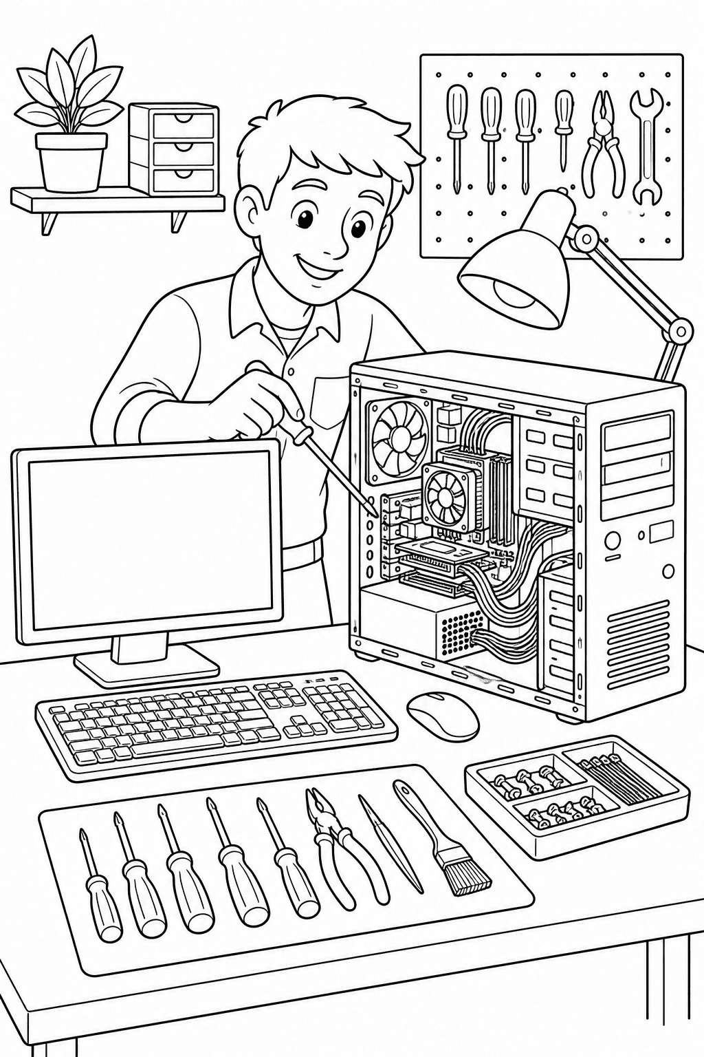 Técnico fazendo manutenção de computador para colorir
