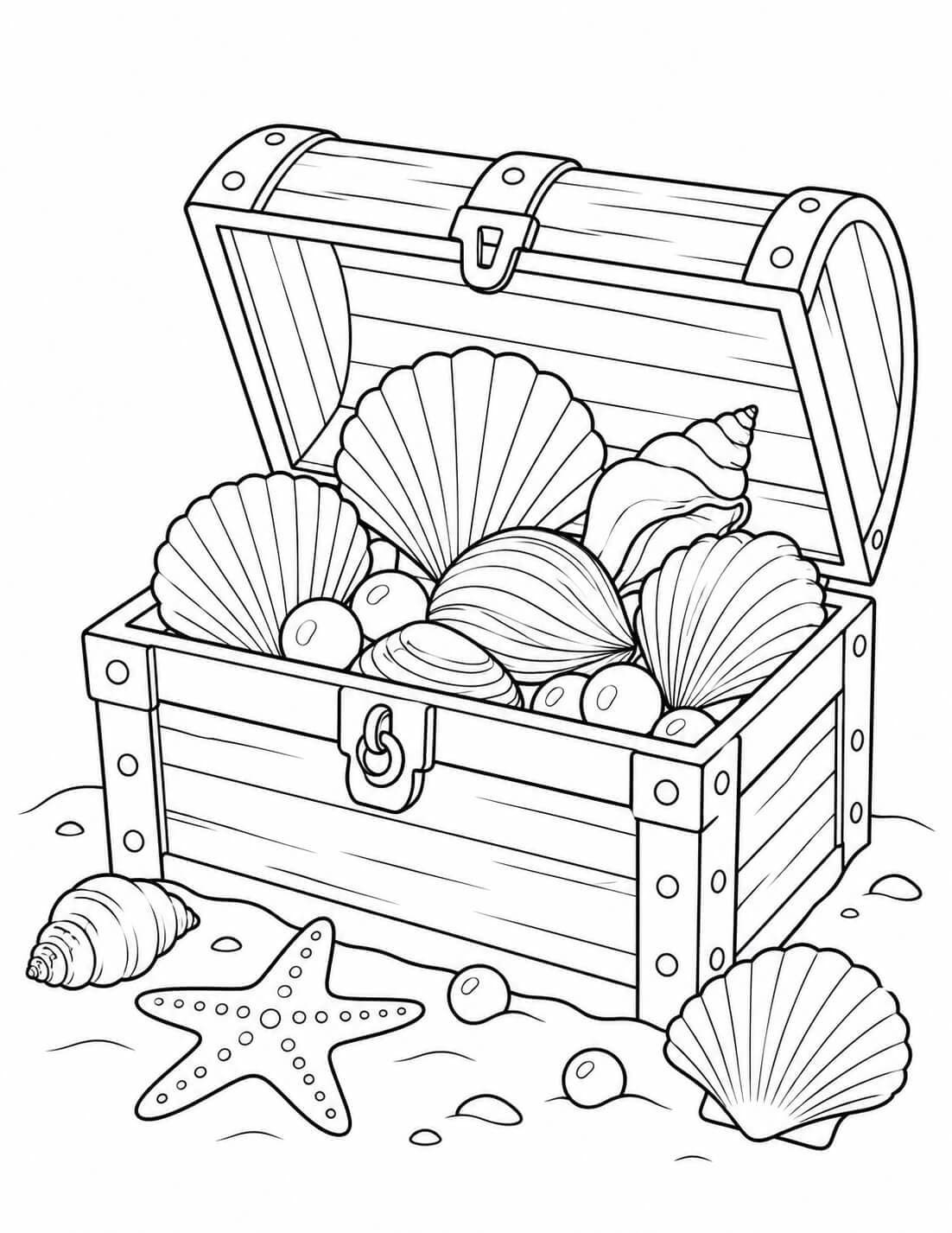 Conchas no baú do tesouro para colorir