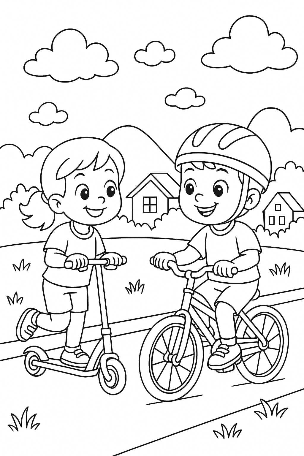 Crianças andando de bicicleta e patinete para colorir