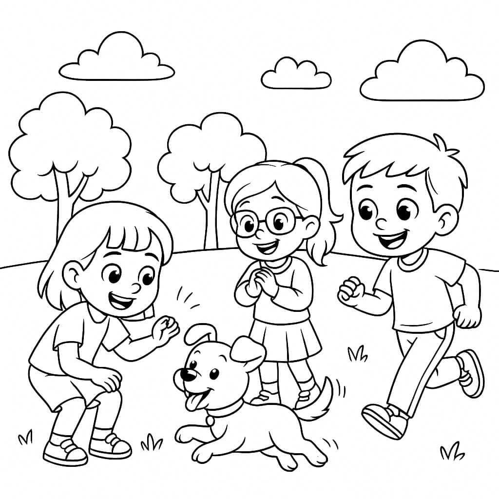 Crianças brincando com cachorro para colorir