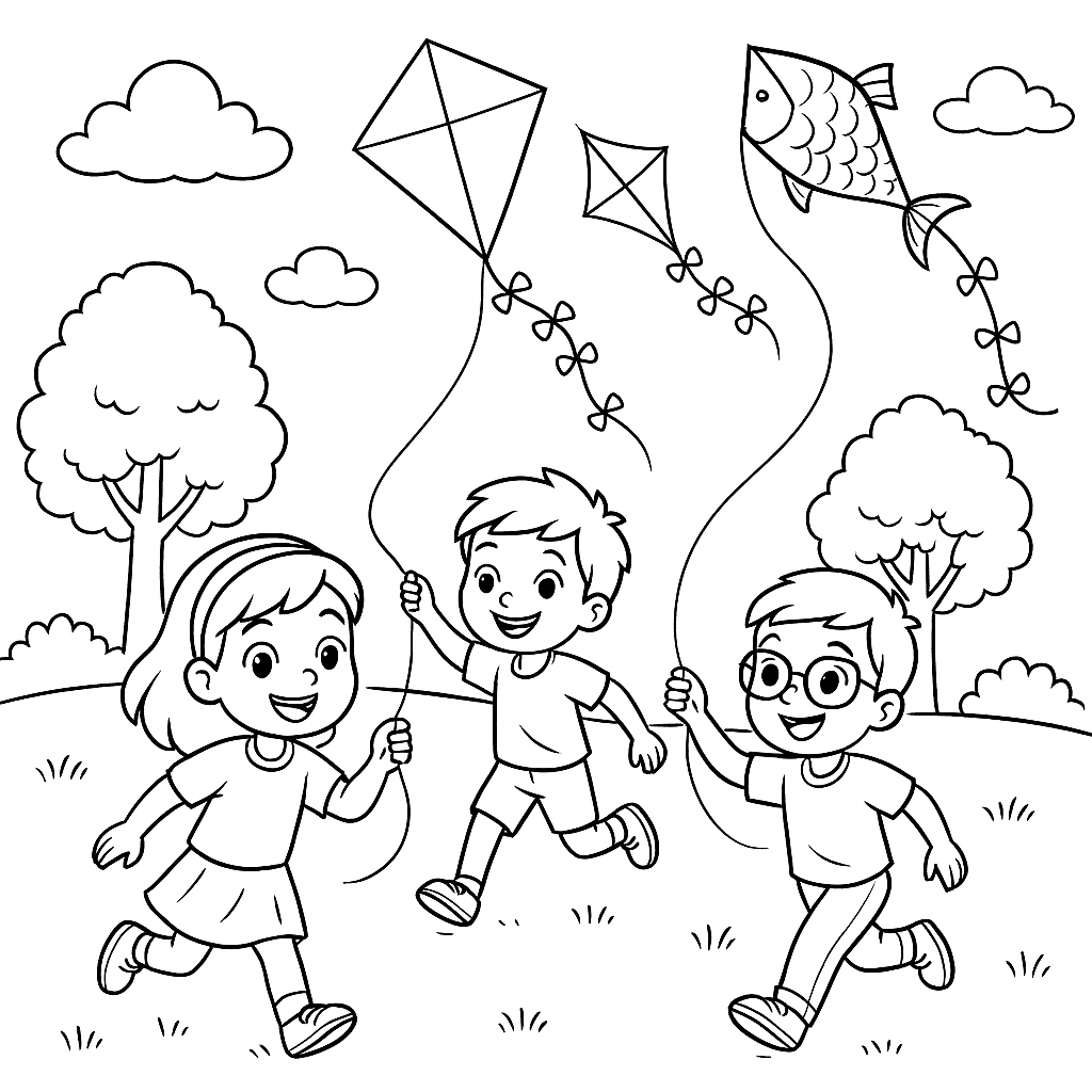 Crianças brincando empinando pipa para colorir