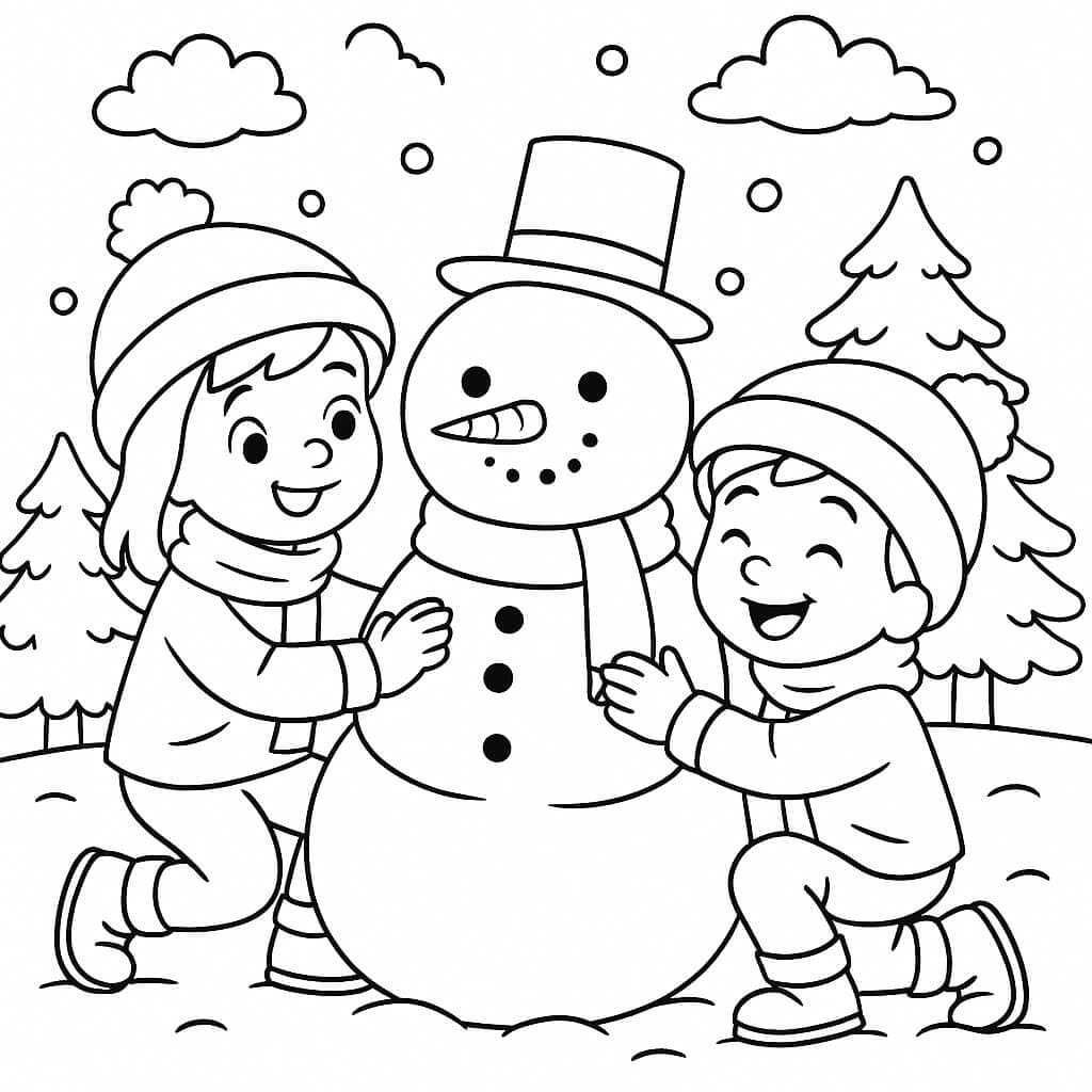 Crianças fazendo boneco de neve para colorir