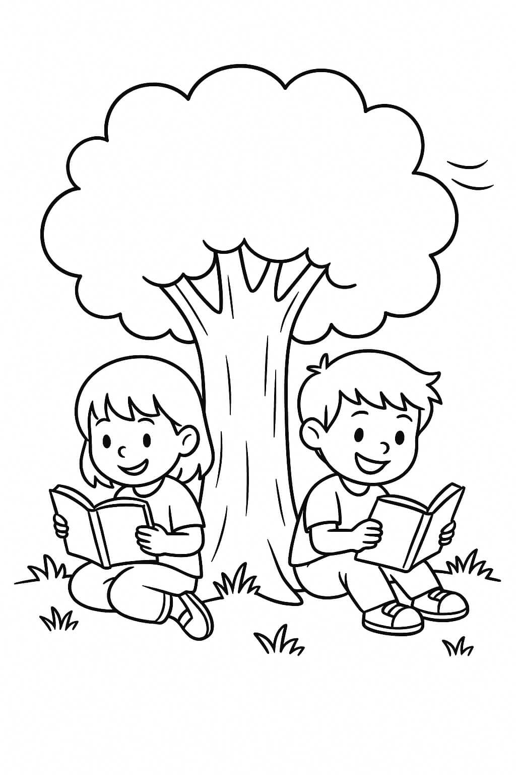 Crianças lendo livros na sombra para colorir