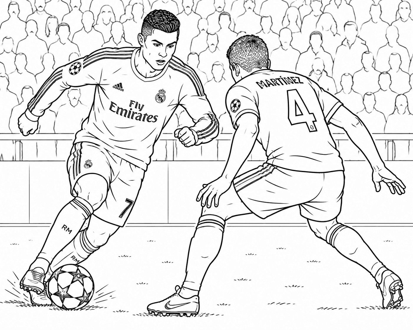 Cristiano Ronaldo driblando com a bola para colorir