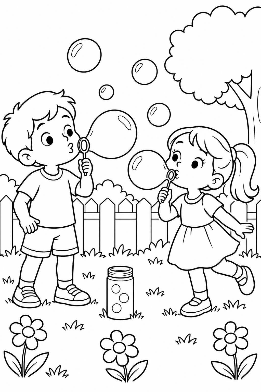 Crianças com bolhas de sabão para colorir