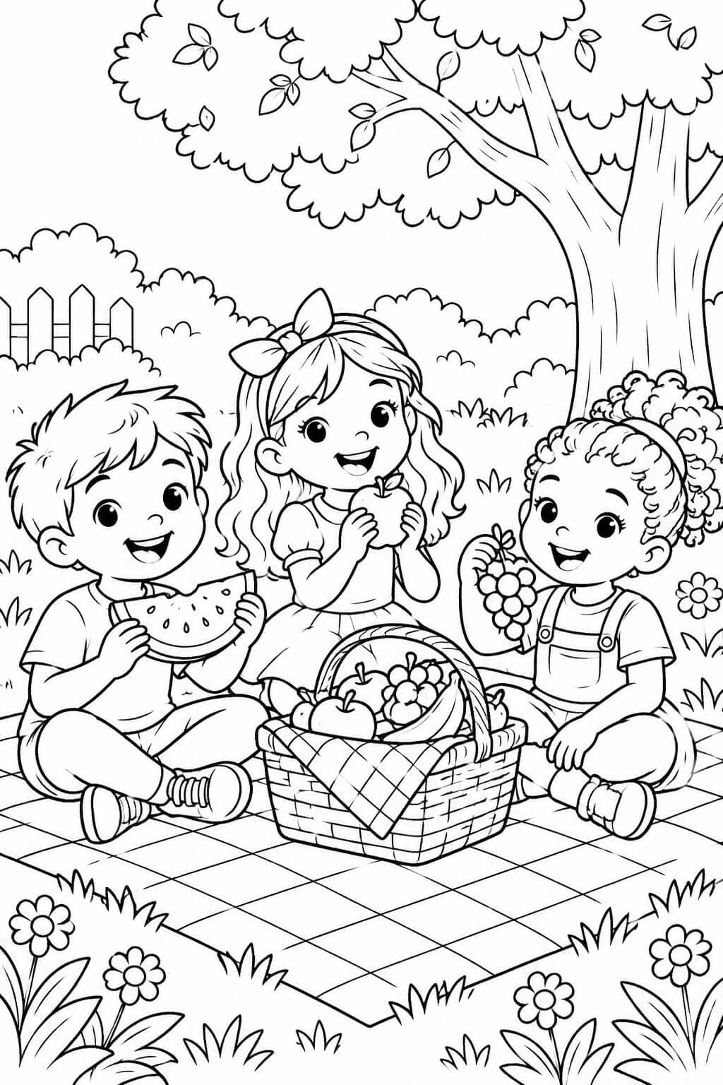 Crianças fazendo piquenique para colorir