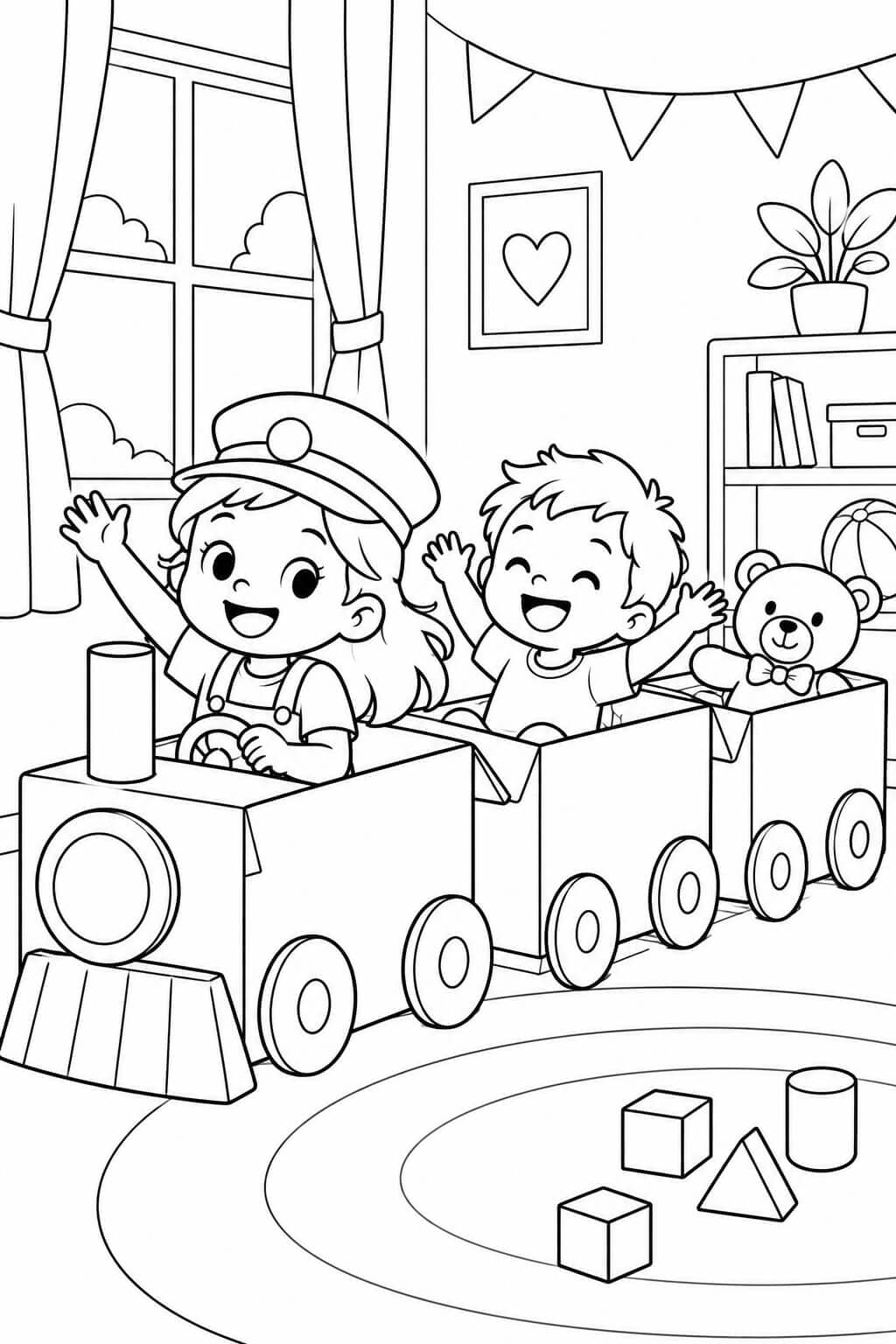 Crianças no trem de caixas para colorir