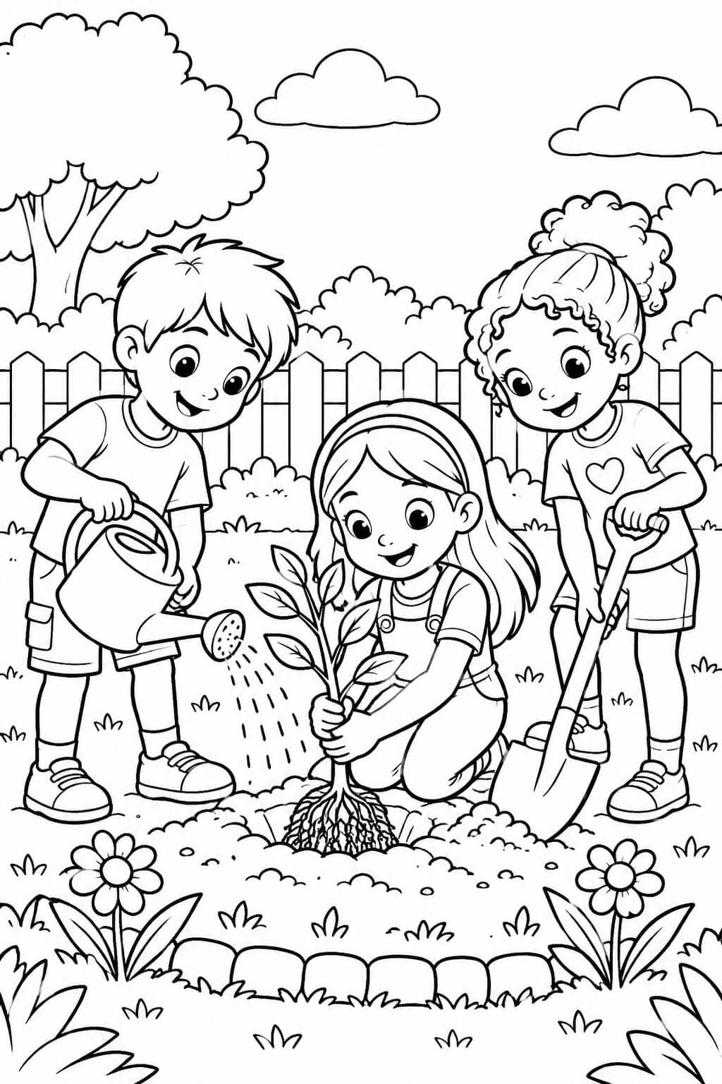 Crianças plantando uma árvore para colorir