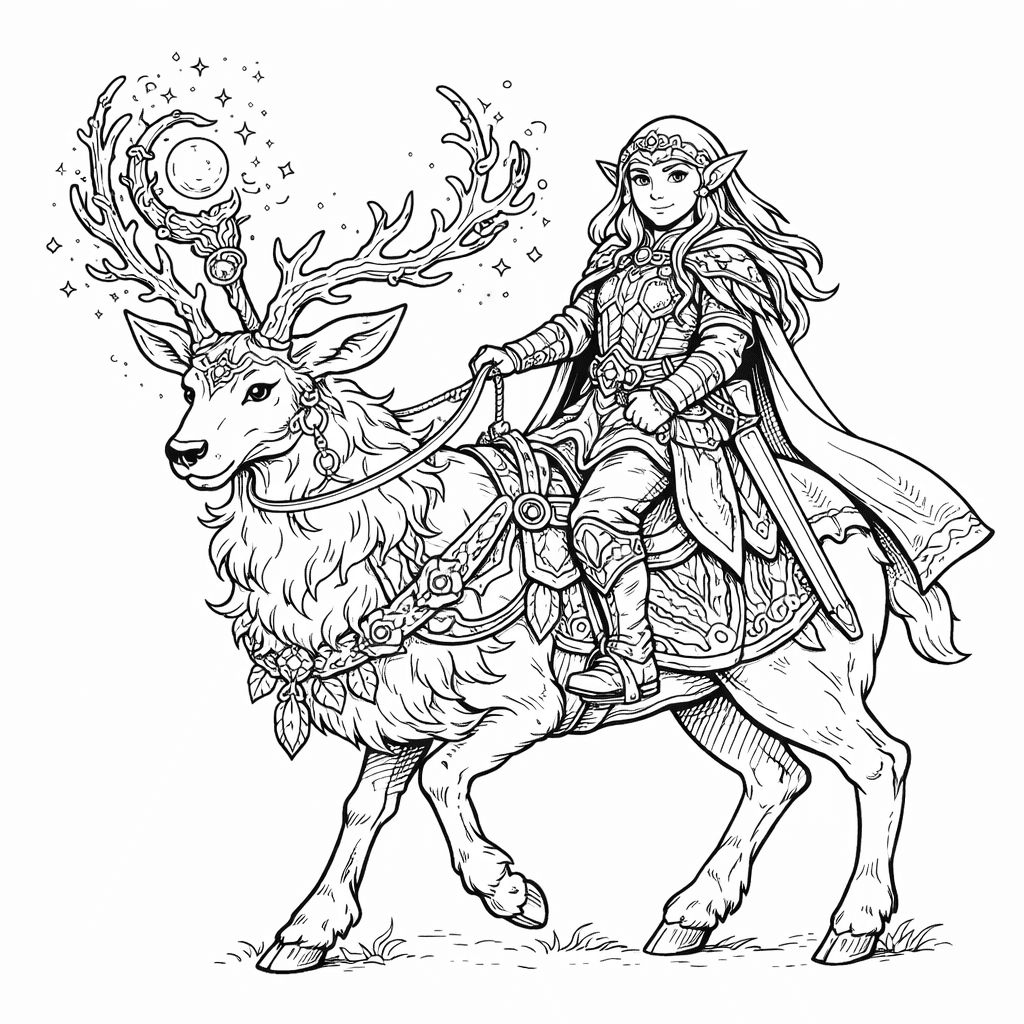 Duende elfo com cervo mágico para colorir