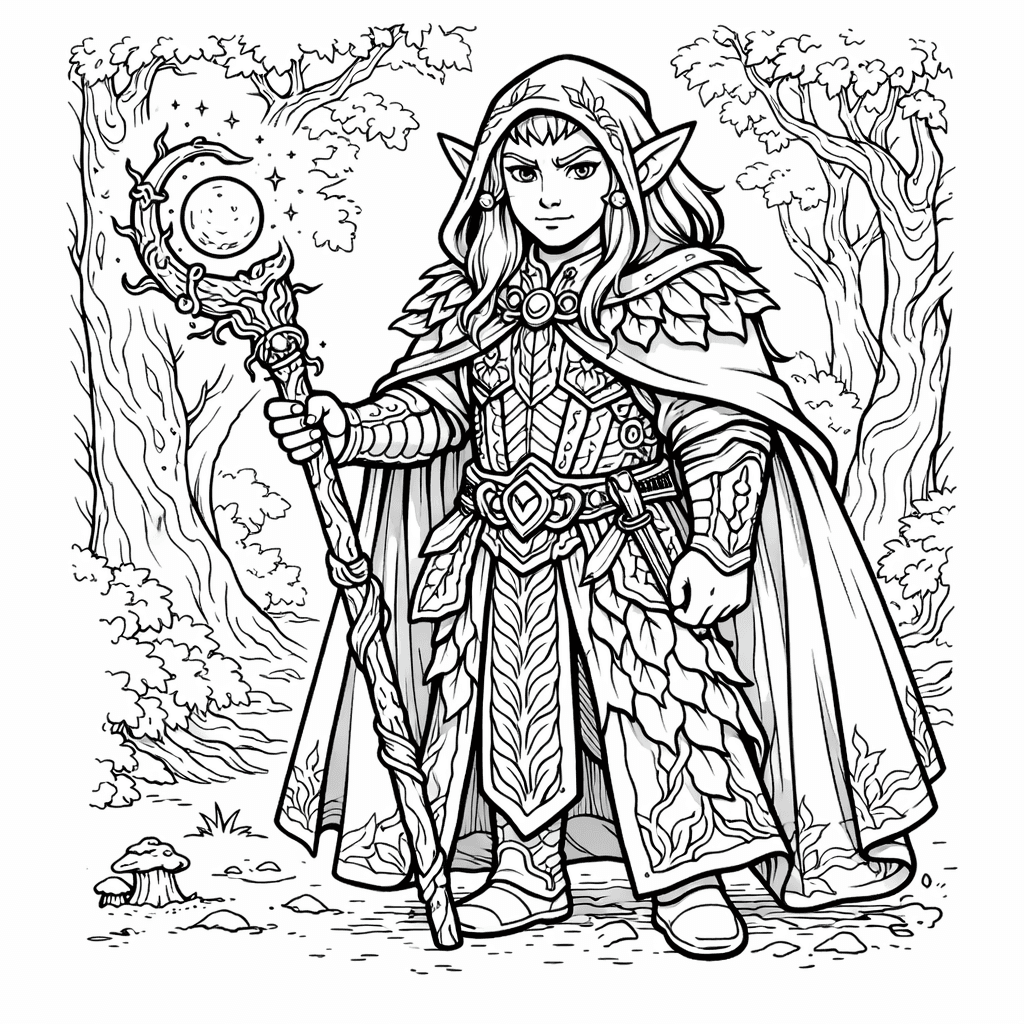 Duende elfo com cajado para colorir