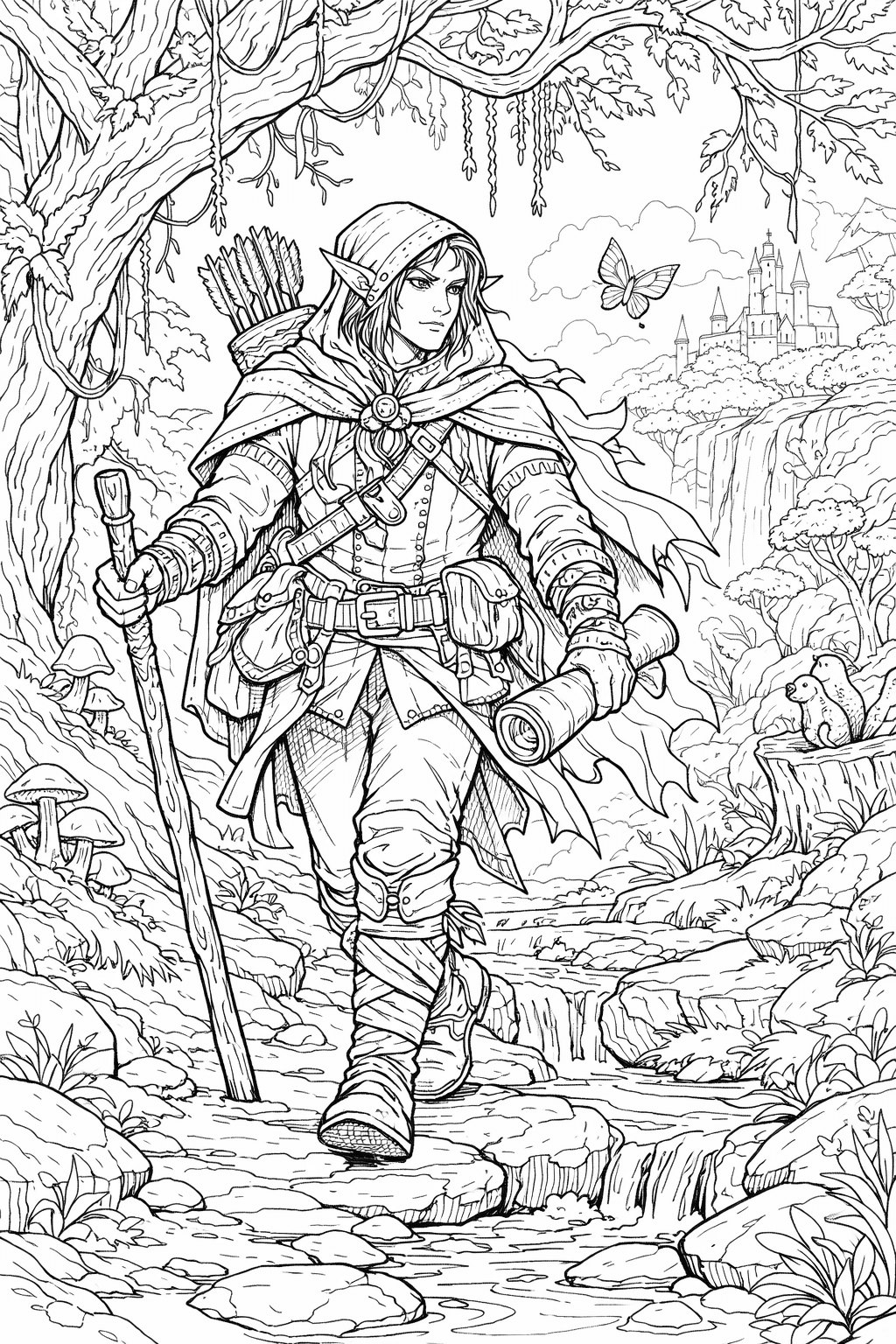 Duende elfo na floresta mágica para colorir