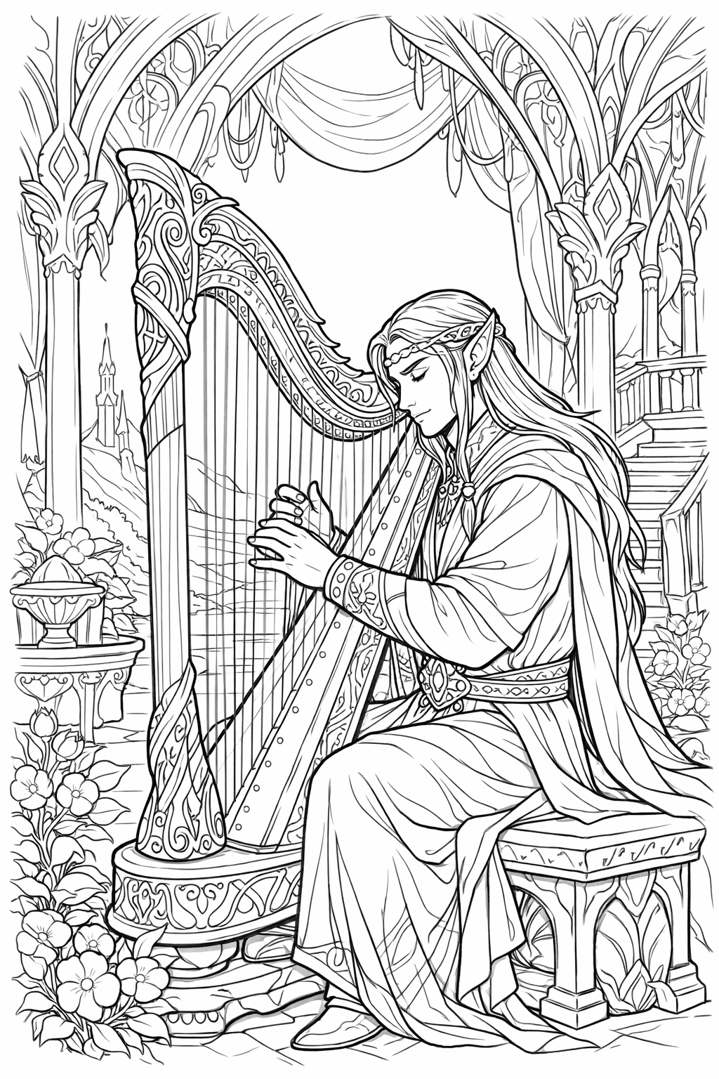 Duende elfo tocando harpa para colorir