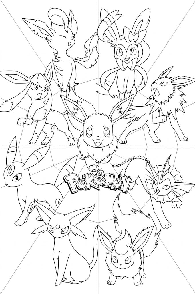 Evoluções de Eevee em Pokémon para colorir