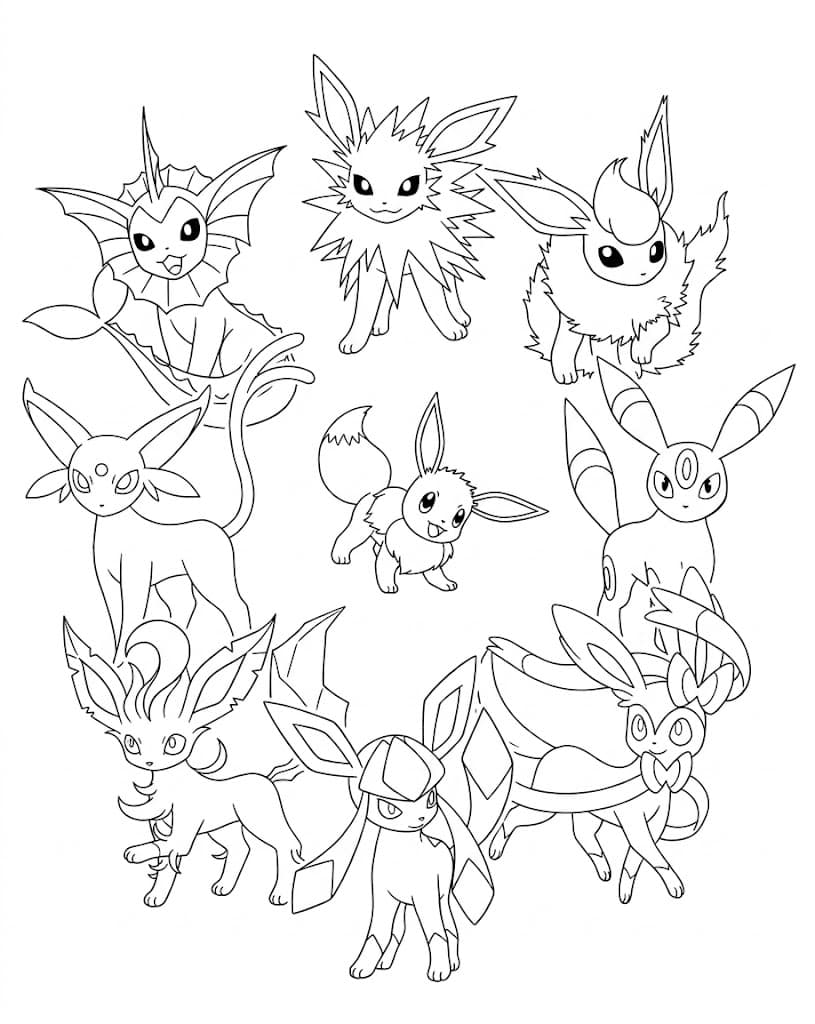 Eevee e evoluções reunidos para colorir