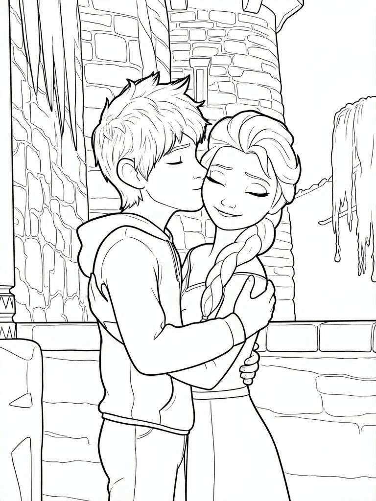 Elsa e Jack Frost se beijando para colorir
