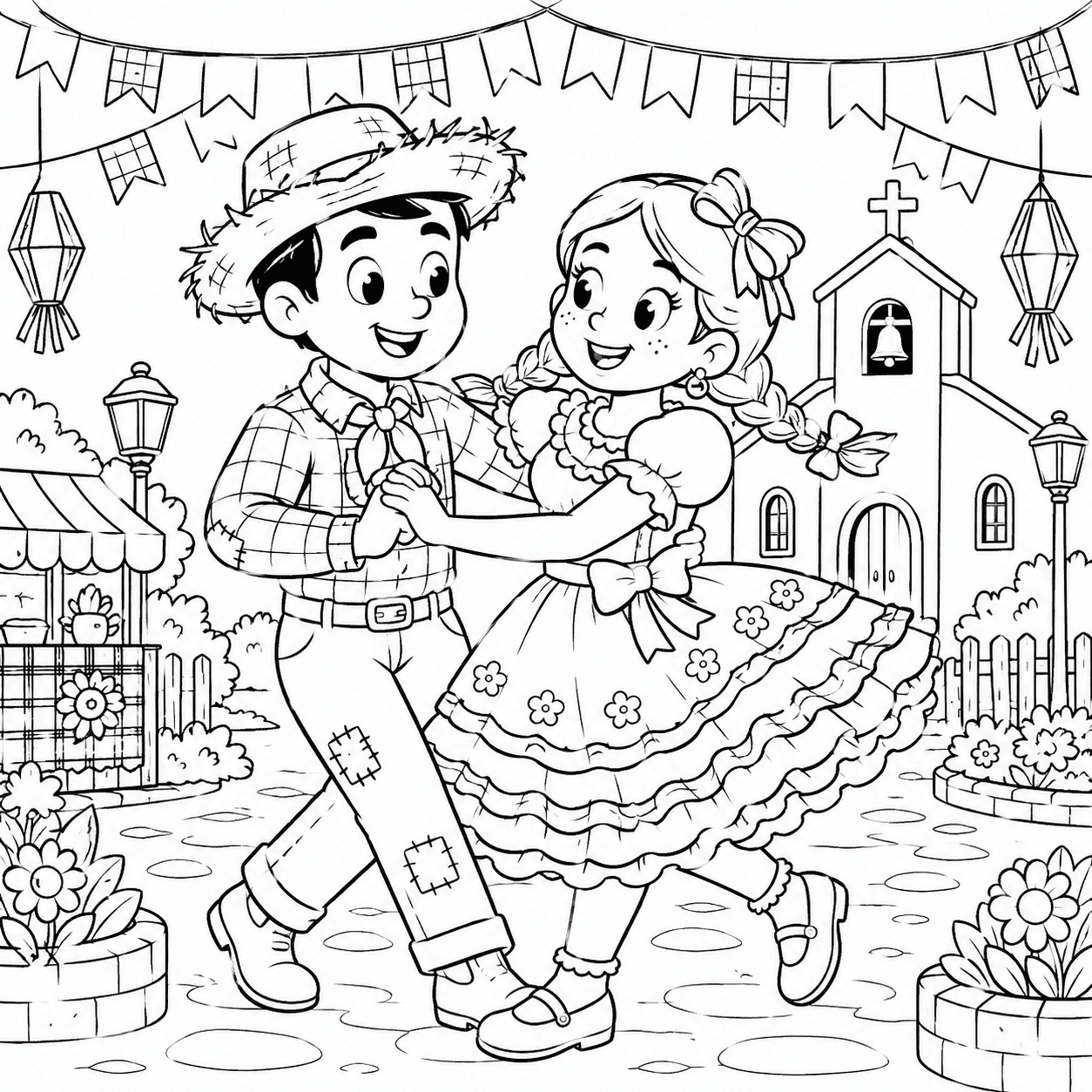 Casal dançando quadrilha para colorir