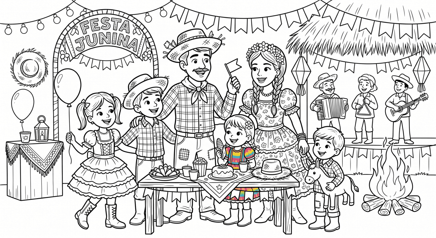 Família na Festa Junina para colorir