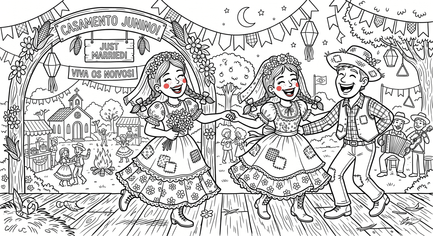 Noivos de Festa Junina para colorir
