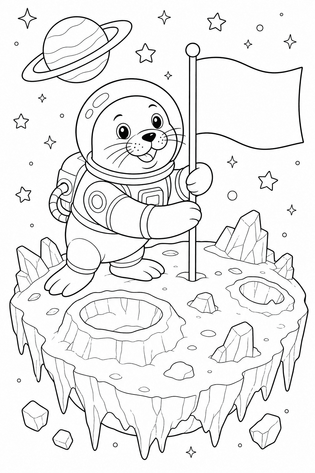 Foca astronauta em lua de gelo para colorir