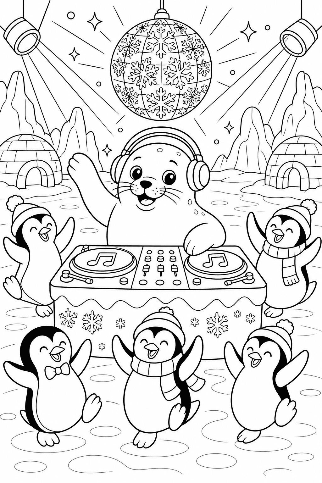 Foca DJ em festa polar para colorir