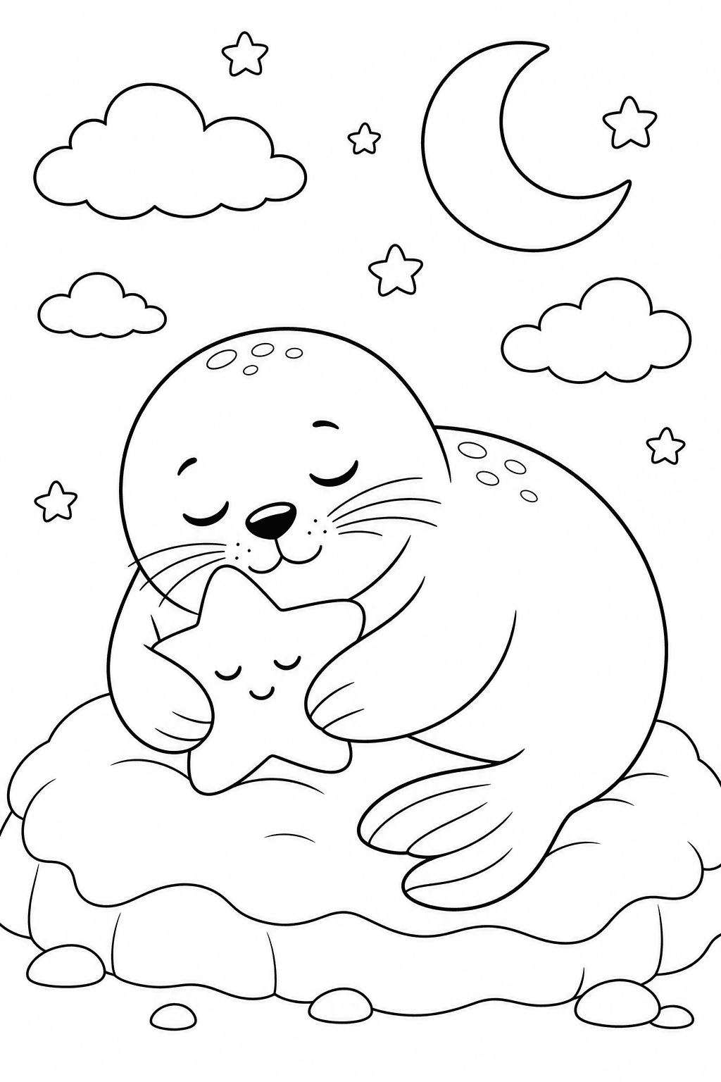 Foca dormindo com almofada para colorir