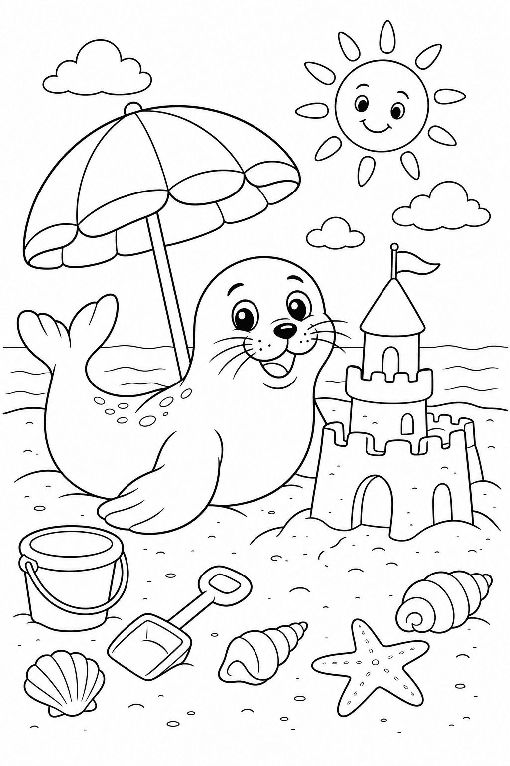 Foca na praia com castelo de areia para colorir