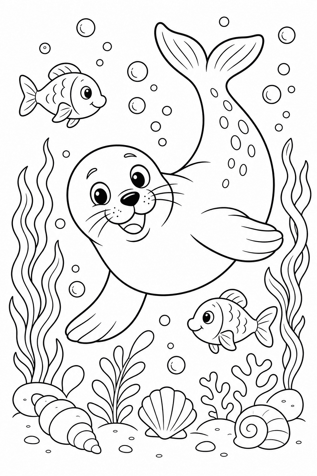 Foca nadando no fundo do mar para colorir