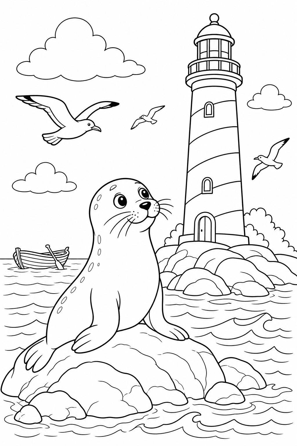 Foca perto do farol para colorir