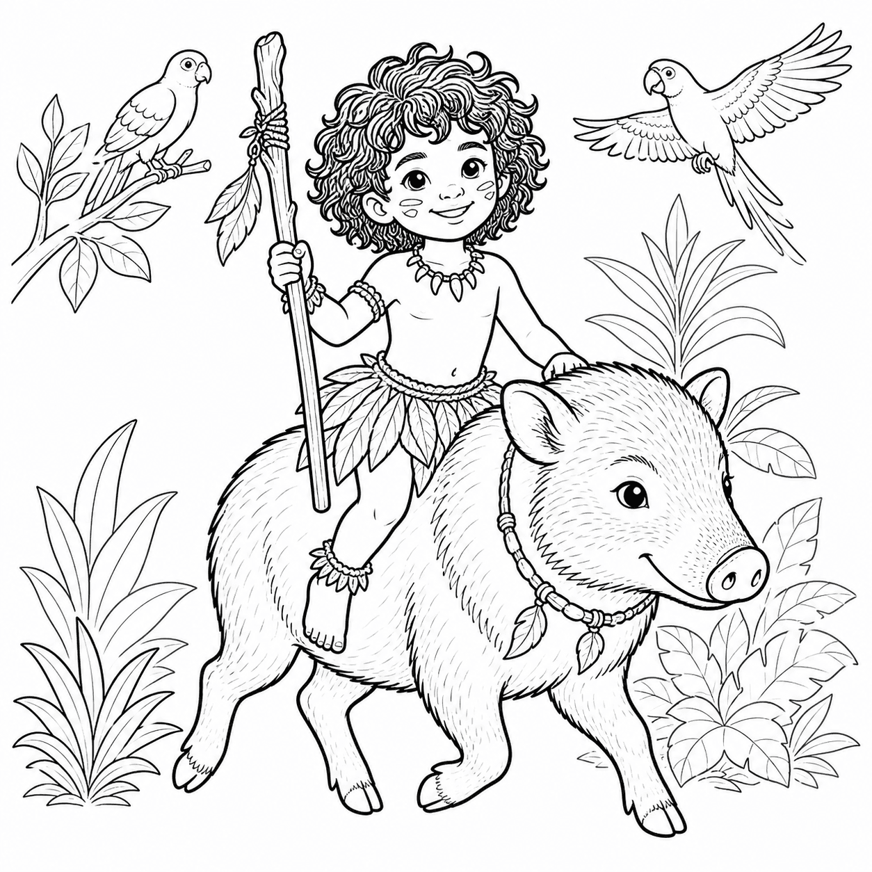 Caipora montada em um caititu para colorir