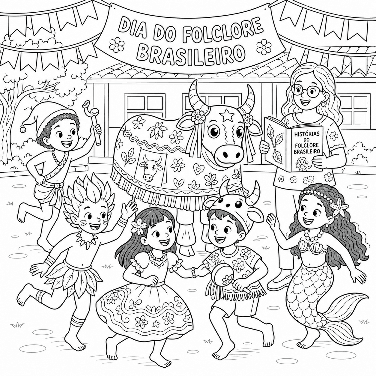 Crianças celebrando o Dia do Folclore para colorir
