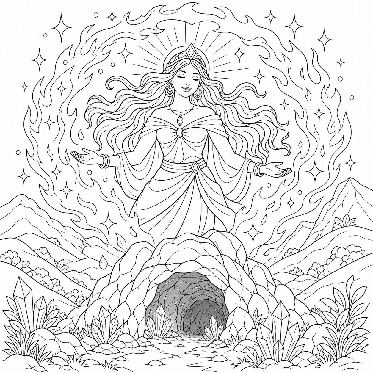 Mãe do Ouro sobre uma caverna para colorir