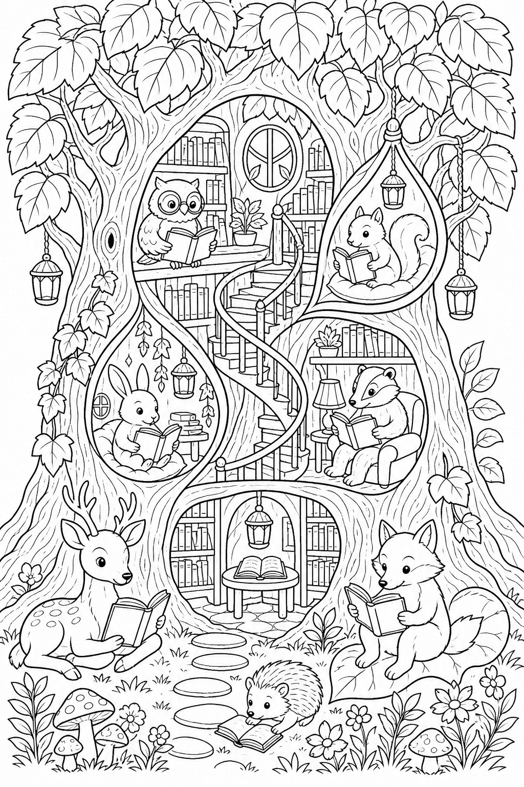 Biblioteca fantástica dentro de uma árvore para colorir