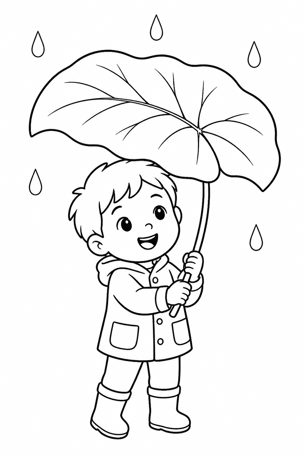 Criança com guarda-chuva de folha para colorir