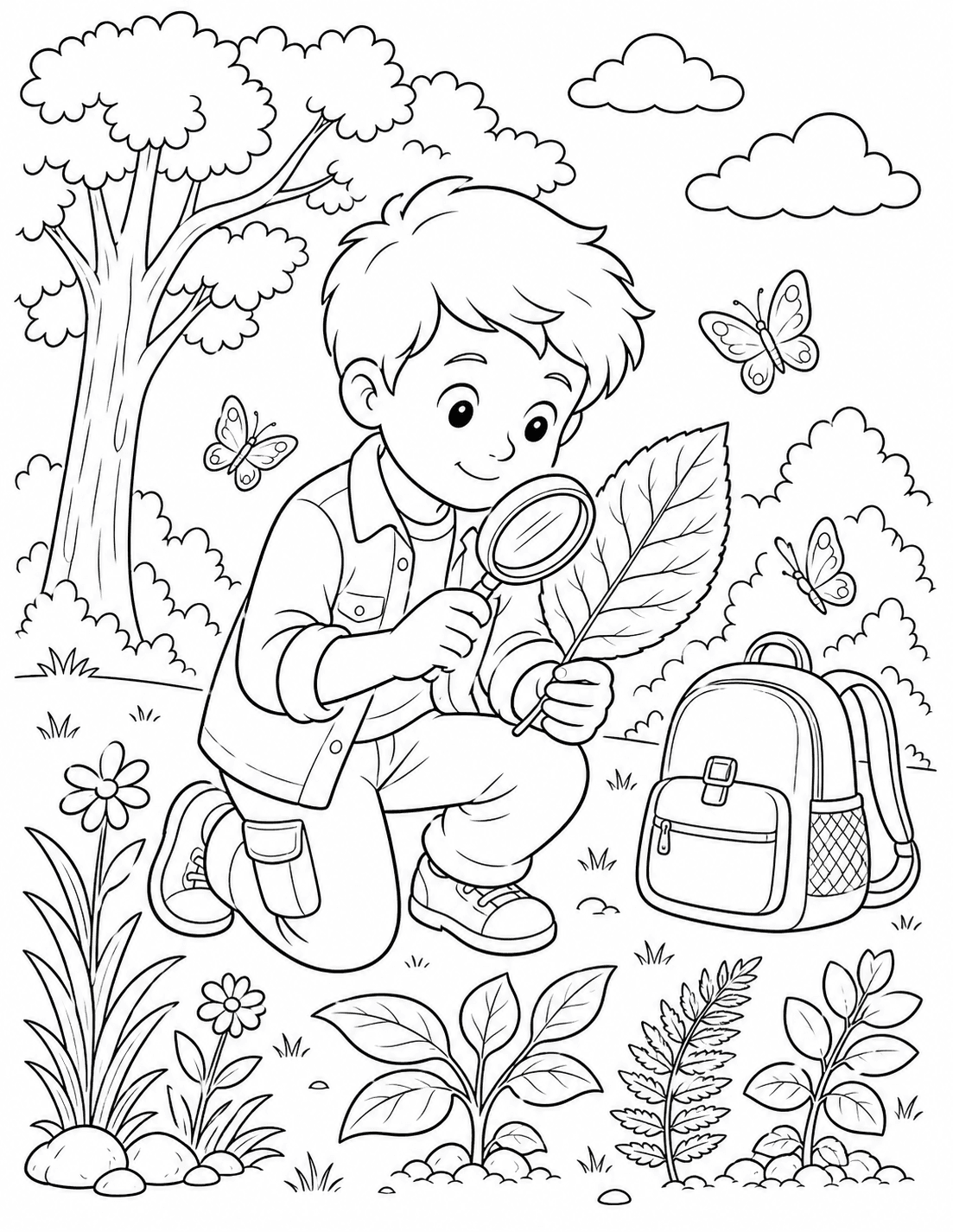 Criança estudando uma folha com lupa para colorir