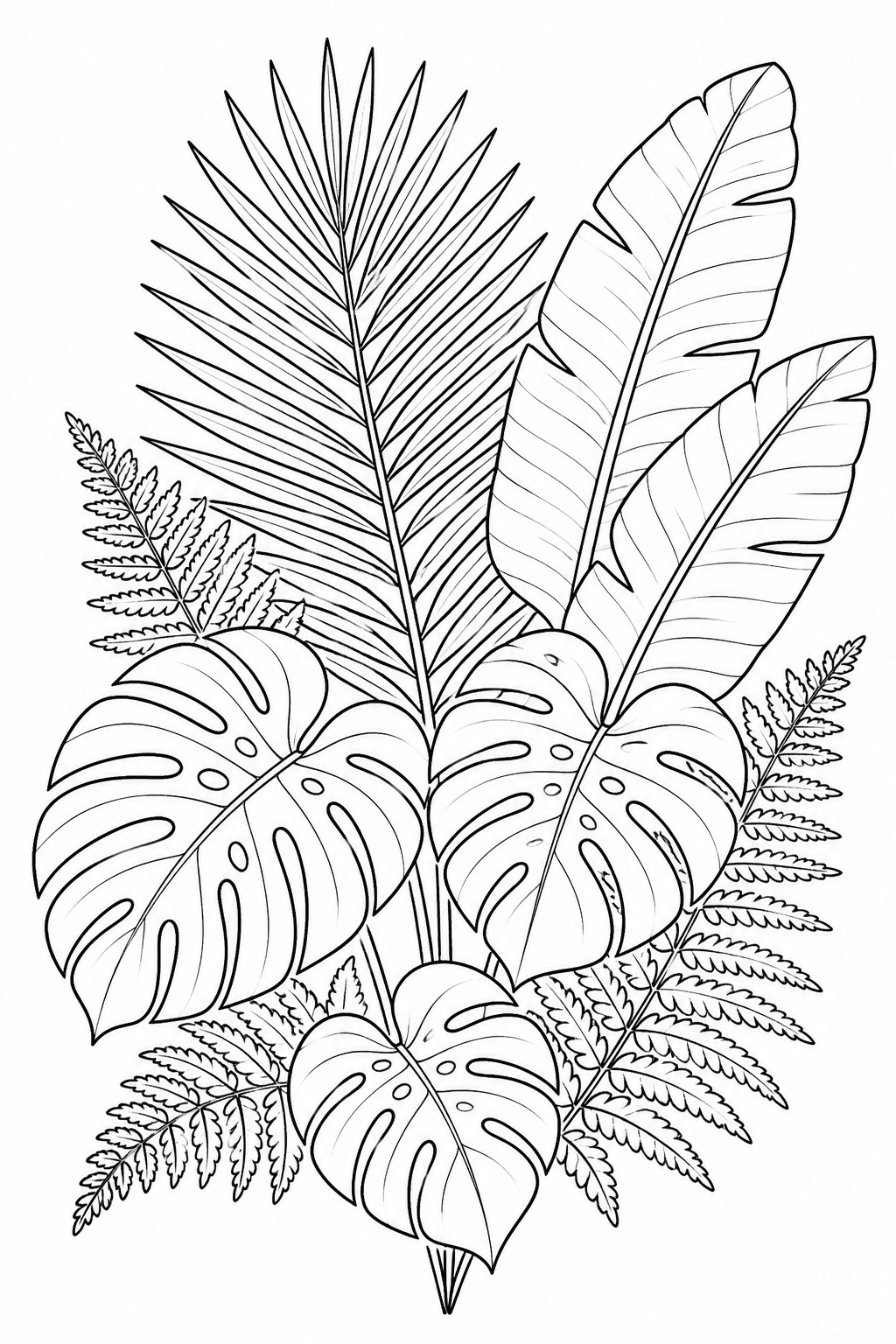 Arranjo de folhas tropicais para colorir