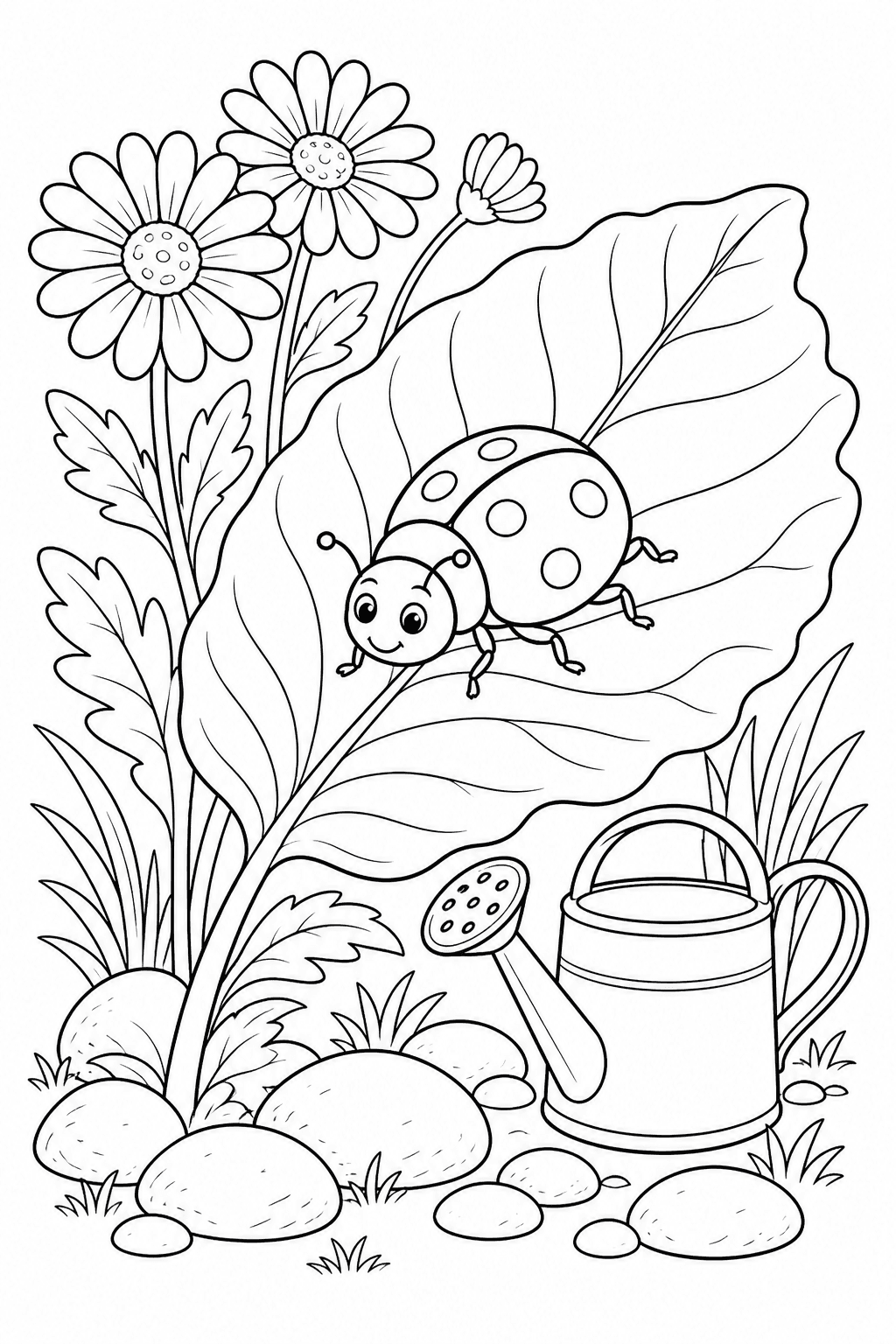 Joaninha sobre uma folha no jardim para colorir