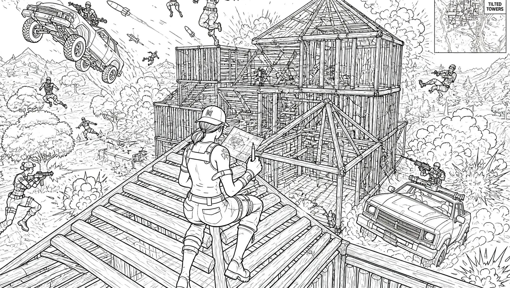 Batalha com construções de madeira em Fortnite para colorir