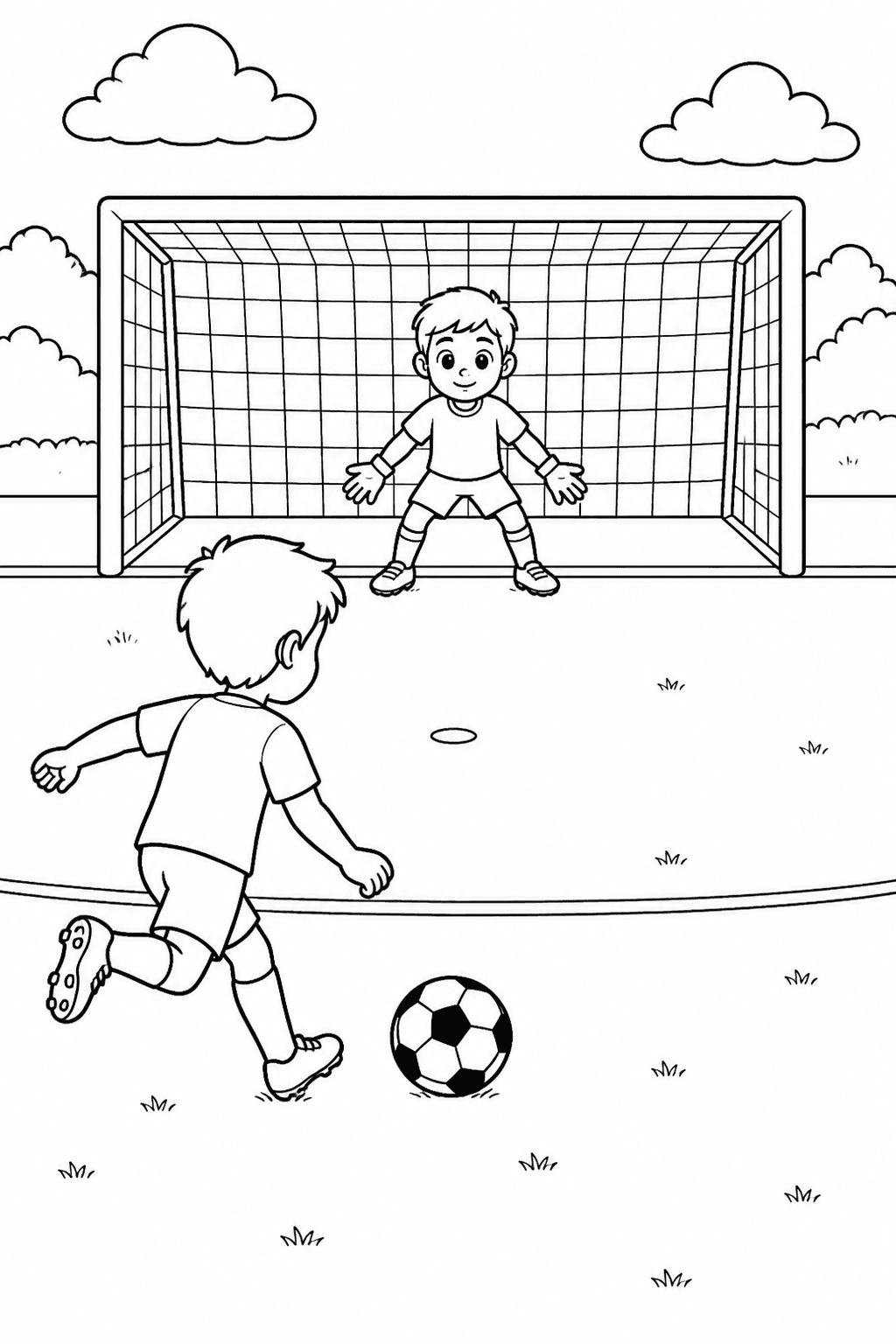 Crianças em cobrança de pênalti no futebol para colorir