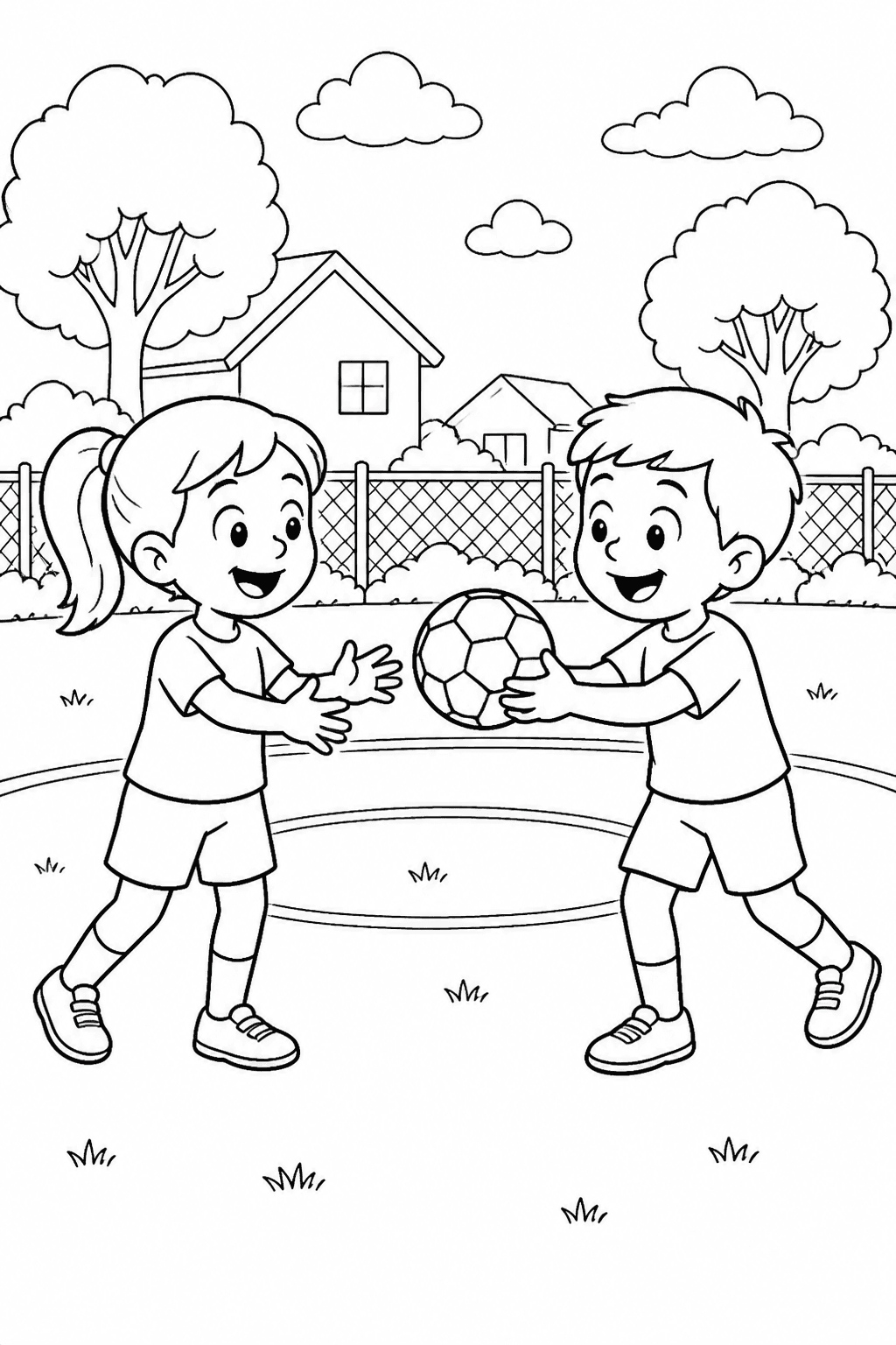 Crianças brincando com bola de futebol para colorir