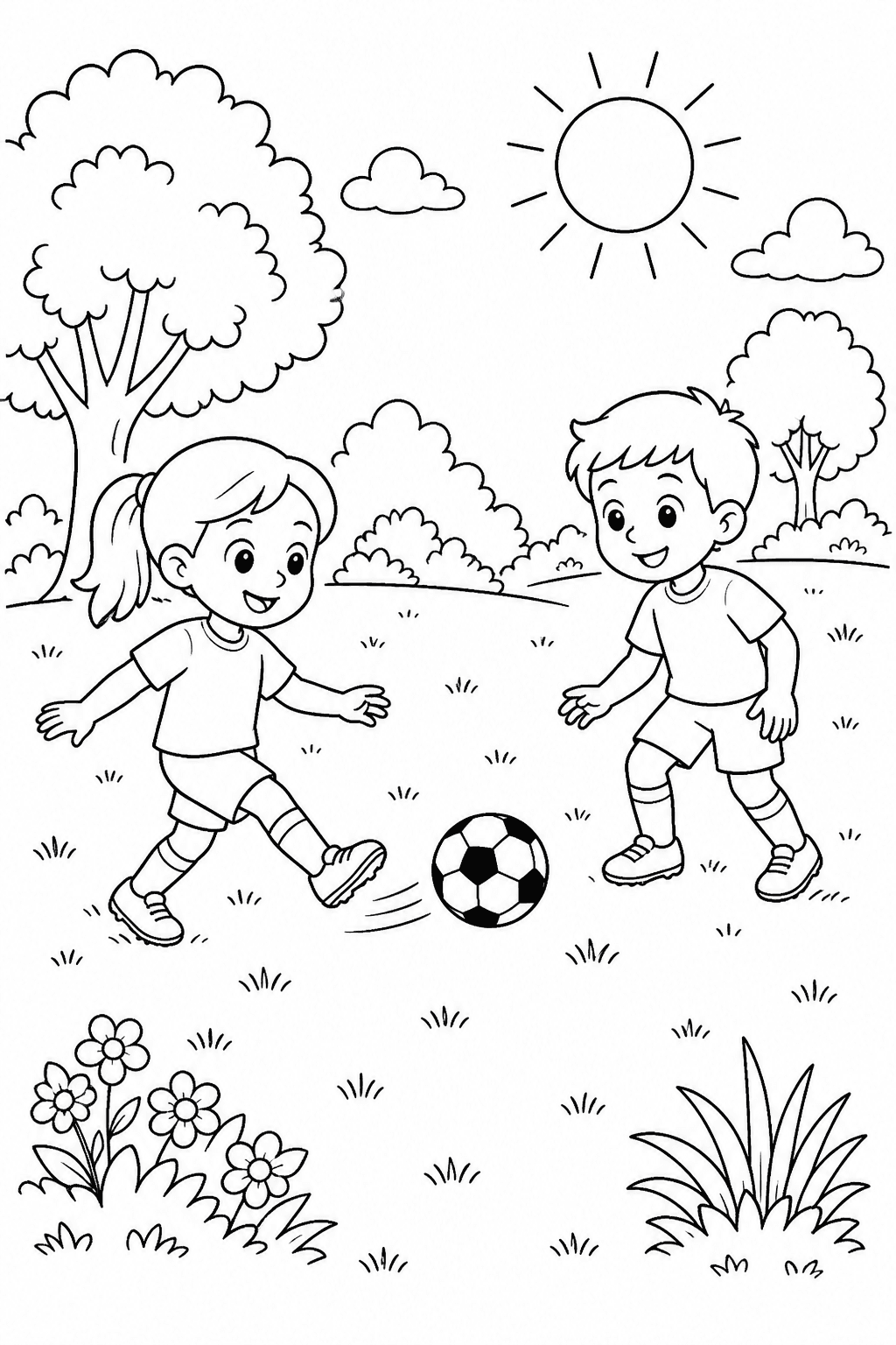 Menina e menino jogando futebol no parque para colorir