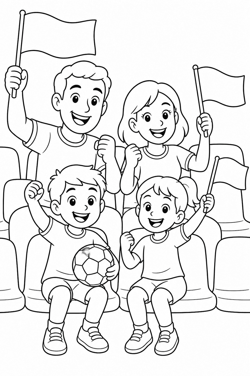 Família torcendo em uma partida de futebol para colorir