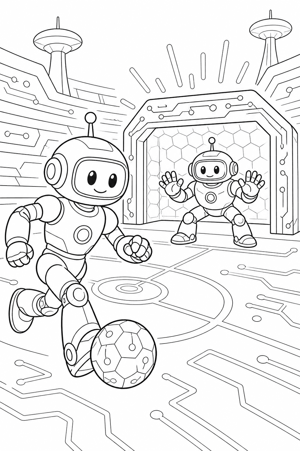Robôs jogando futebol em arena futurista para colorir