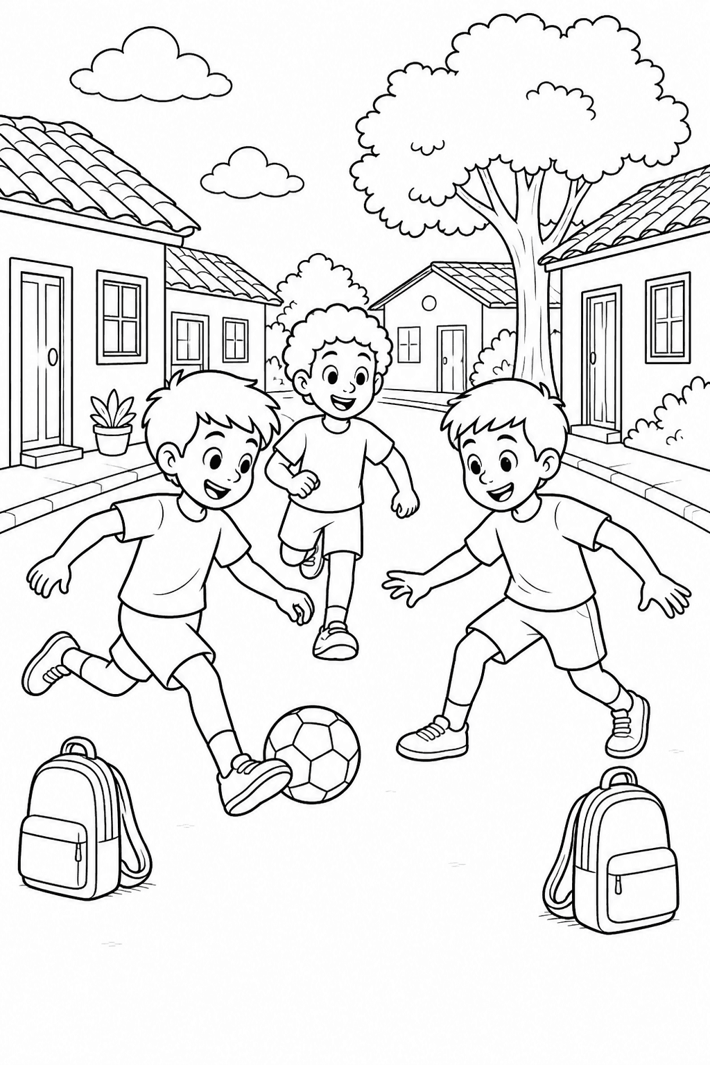 Crianças jogando futebol de rua para colorir