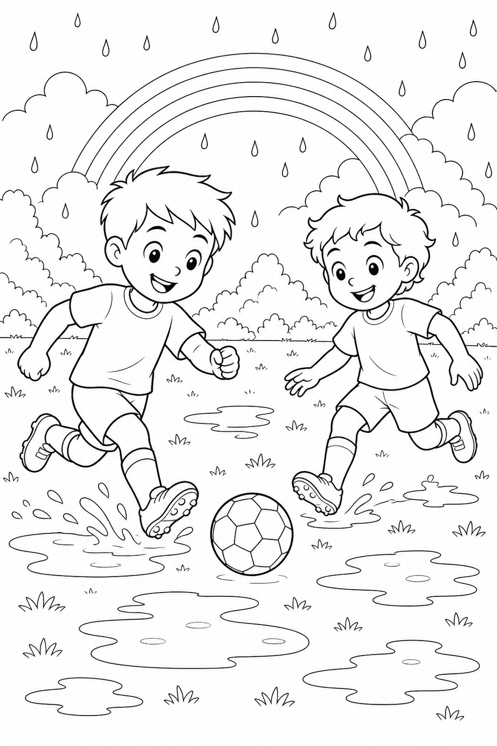 Crianças jogando futebol na chuva para colorir