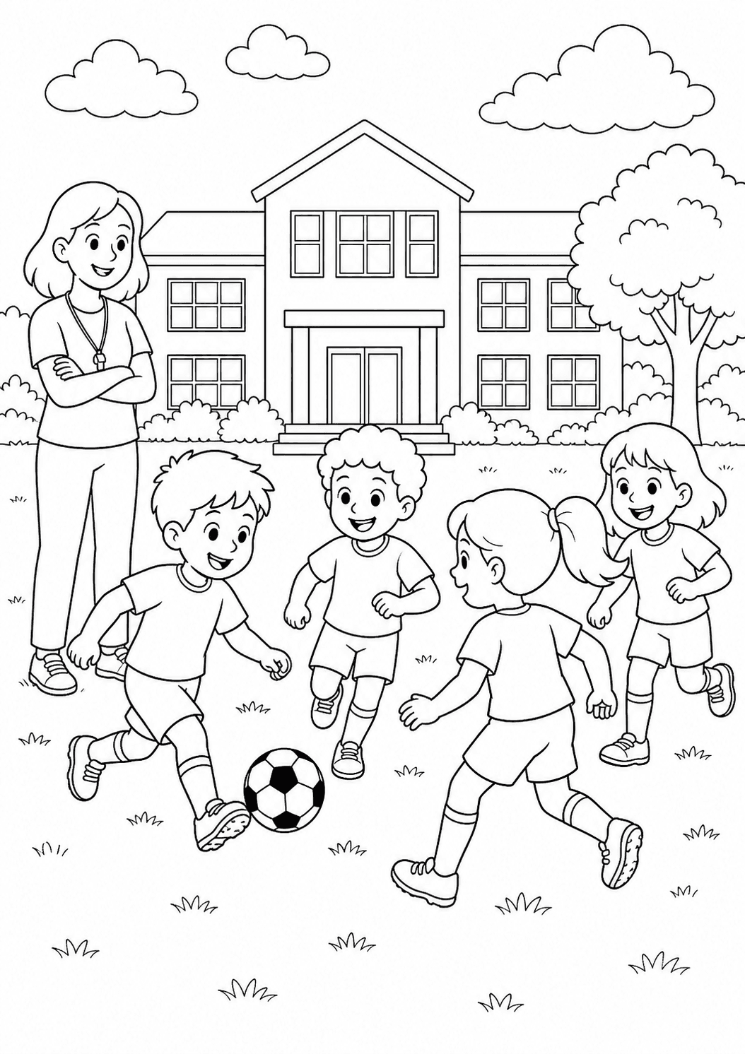 Crianças jogando futebol na escola para colorir